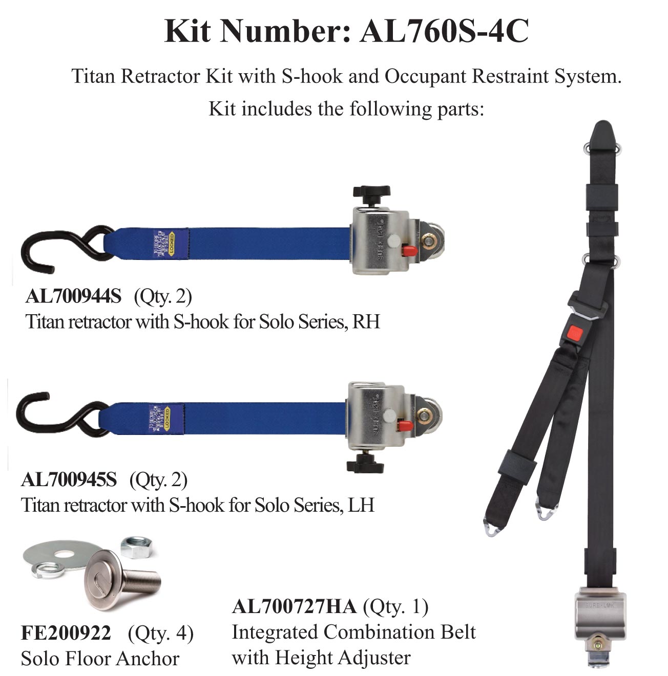Sure-Lok | AL760S-4C-SNC TITAN700 Retractor Kit & Occupant Restraint S Hook | SNC Fitting