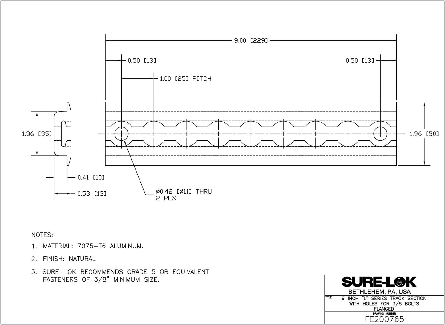 FE200765 | 9" L - Track Section, Flanged, with 3/8" Mounting Holes - WheelchairStrap.com