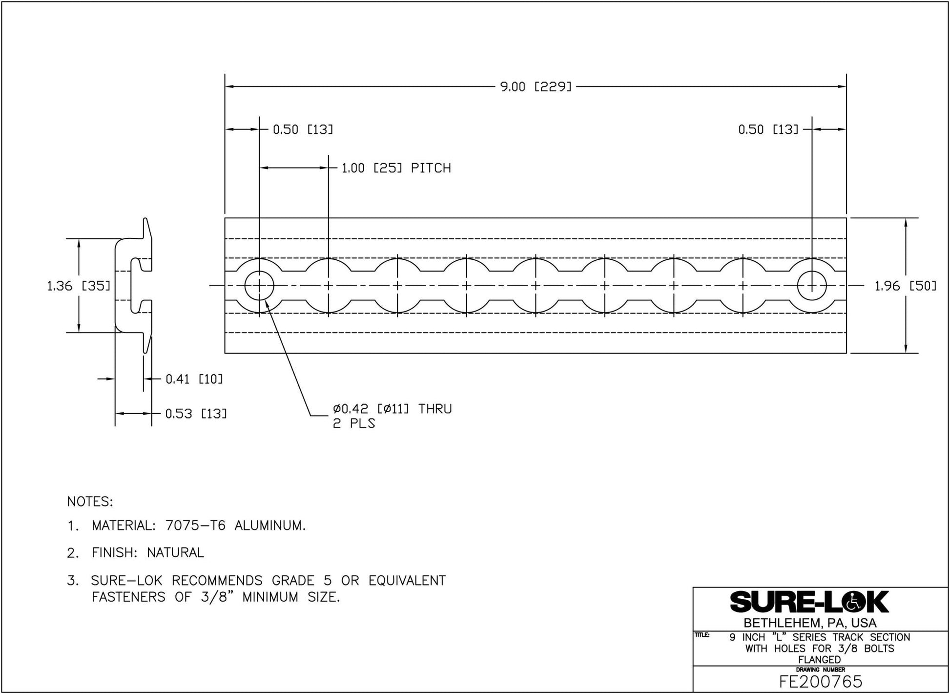 FE200765 | 9" L - Track Section, Flanged, with 3/8" Mounting Holes - WheelchairStrap.com