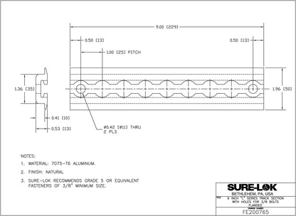 FE200765 | 9" L - Track Section, Flanged, with 3/8" Mounting Holes - WheelchairStrap.com